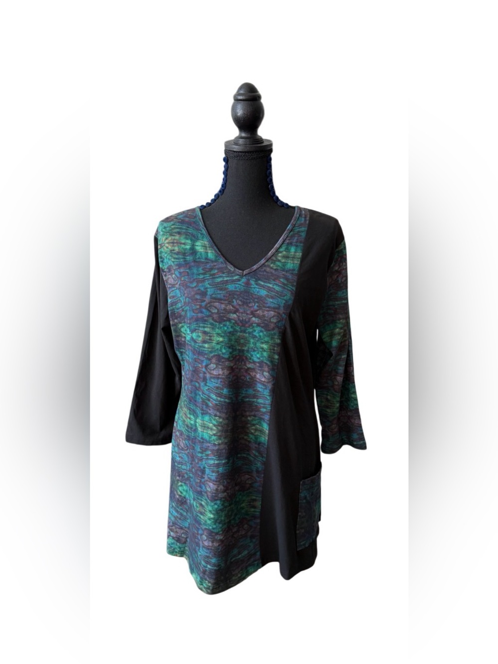 Parsley & Sage Teal and Black V-Neck Patterned Tunic